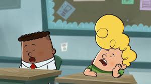 Two mischievous boys Harold and George from the Captain Underpants series, standing side by side in a vibrant comic book style school hallway, grinning playfully with arms crossed.